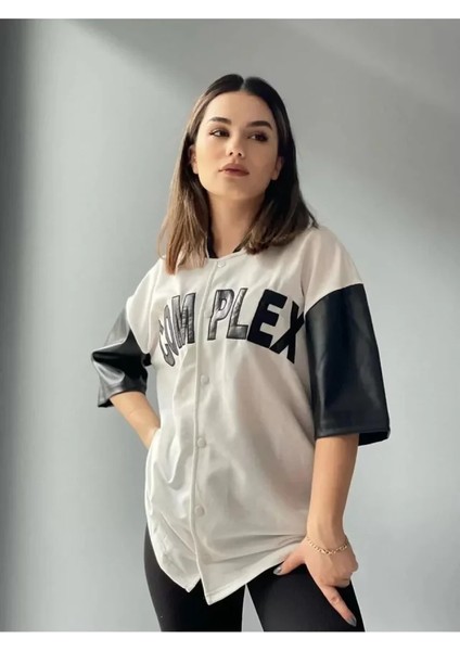 Complex Kolları Deri Kolej Oversize T-Shirt - Beyaz fırsatları