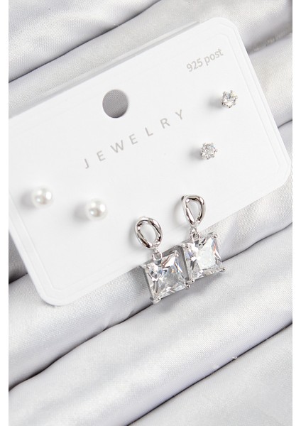 Pirinç Zirkon Taşlı Sallantılı Kare Model Gümüş Renk 925 Ayar Gümüş Çivi Kadın Küpe Set - TJ-BKP11161 modelleri