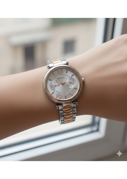 Kadın Kol Saati Altın ve Gümüş Renk, Gümüş Kadran - Şık Metal Kordon, 2 Yıl Garantili modelleri