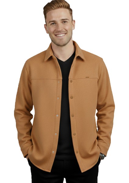 Erkek Taba Likralı Rahat Kalıp Cepsiz Kaşe Ceket – Çıt Çıtlı, Esnek Şık Model Ceket 0760