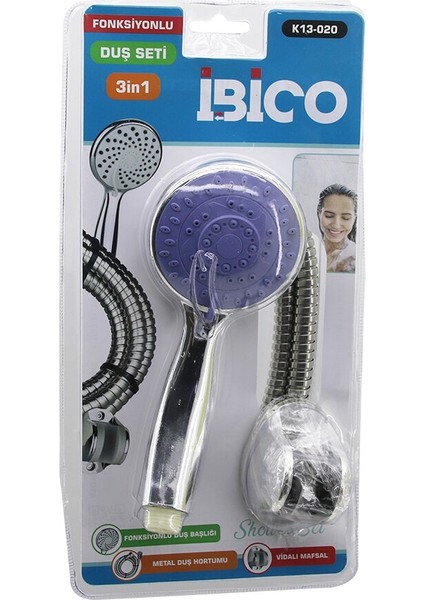 Vakumlu AMBALAJ3İN1DUŞ Seti Fonksiyonlu Duş Başlık - Metal Duş Hortum - Mafsal=askı Vidalı (