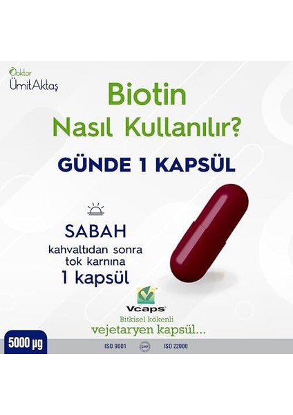 Dr. Ümit Aktaş Biotin 5000MCG D-Biotin (B7 + Vit.h) Saç Vitamini Güçlendirici Takviye 30 Kapsül fiyatları