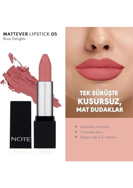 Note Mattever Lipstick 05 Rose Delights Yarı Mat Saten Bitişli Ruj, Pembe modelleri