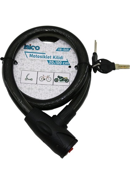 Anahtarlı Aç-Kapa Kilit Kapaklı Motor - Bisiklet Kilit Çelik Tel Siyah Şeffaf Kılıf 20MMX