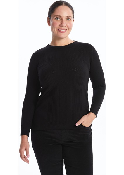 Yeni Sezon Bisiklet Yaka Kendinden Desenli Uzun Kollu Kadın Triko Kazak