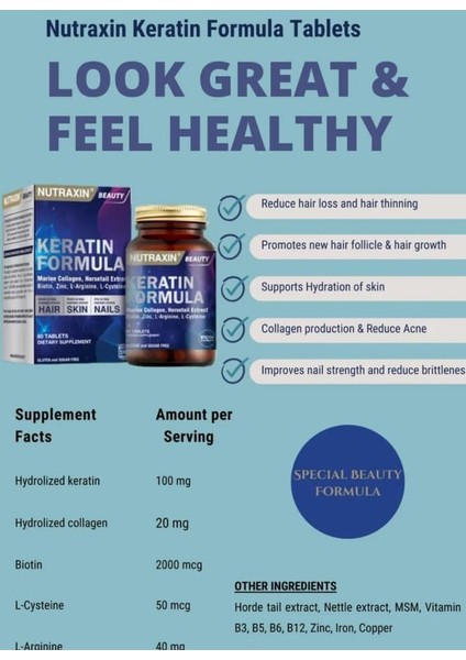 Nutraxin Beauty Keratin Formula 60 Tablet Takviye Edici Gıda fiyatları