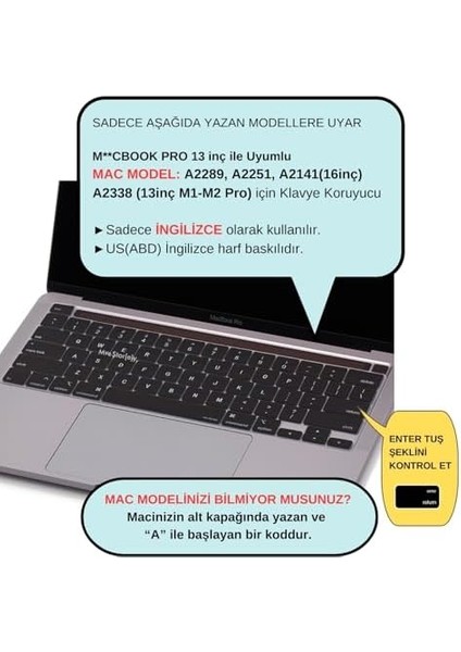 MacBook Klavye Koruyucu Filmi Us Ingilizce Amerikan Baskılı Us -Return Enter Tipi Touchbar Pro 13INÇ M1,m2 A2251,A2289,A2338 -Pro 16 Inç A2141 Uyumlu, Ultra Ince Siyah modelleri