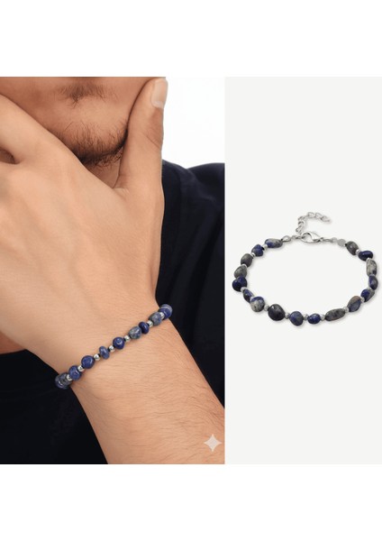 Gümüş Renk Metal Zincirli Dorika Top Süslemeli Amorf Lapis Doğaltaş Erkek Bileklik fiyatları