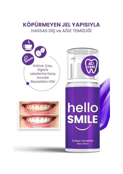Hello Smile Anında Beyazlatıcı Diş Jeli, Plak ve Leke Karşıtı, Ferah Nefes & Günlük Ağız Bakımı, 50 ml (50 Ml, Mor Renk)
