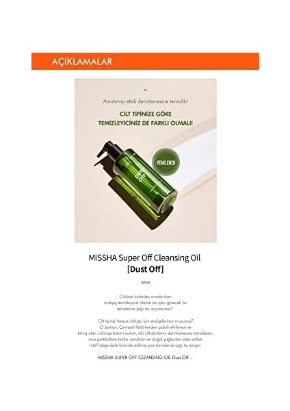 Mıssha Hassas Ciltler Için Makyaj Temizleme Yağı 305ML Super Off Cleansing Oil (Dust Off) modelleri