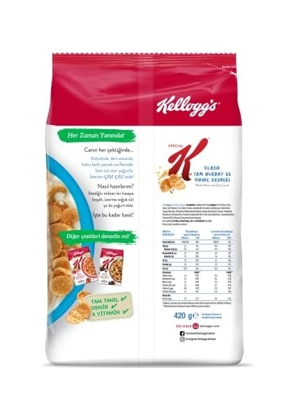 Kellogg's Special K Klasik Kahvaltılık Tam Buğday ve Pirinç Gevreği 420 Gr,tam Tahıllı,lif Kaynağı,demir ve 6 Vitamin Kaynağı,folik Asit ve Minarel Içerir,tam Buğdaylı,vitamin B12 fiyatları