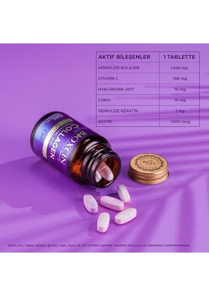 Bioxcin Beauty Collagen Tablet 3 Al 2 Öde – Tip 1 & Tip 3 Hidrolize Kolajen, Hyaluronik Asit, Keratin, Biotin, C ve E Vitamini Içerikli – 90 Tablet