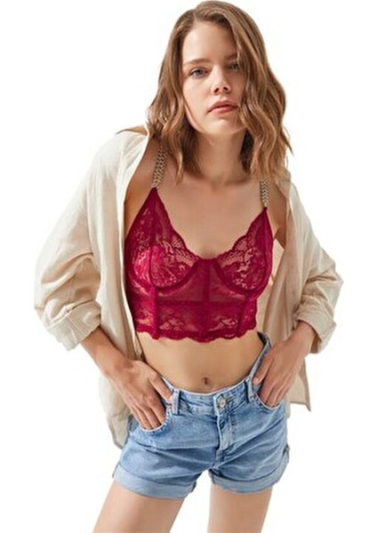 Vişne Dantelli Zincir Detaylı Ayarlanabilir Askılı Büstiyer Kadın İç Giyim indirimleri