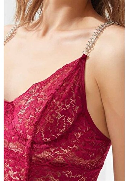 Vişne Dantelli Zincir Detaylı Ayarlanabilir Askılı Büstiyer Kadın İç Giyim
