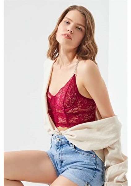 Vişne Dantelli Zincir Detaylı Ayarlanabilir Askılı Büstiyer Kadın İç Giyim
