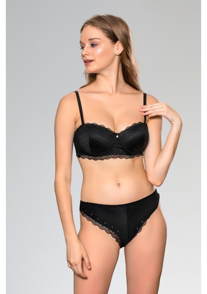 Siyah Straplez Sütyen Slip Külot Takım
