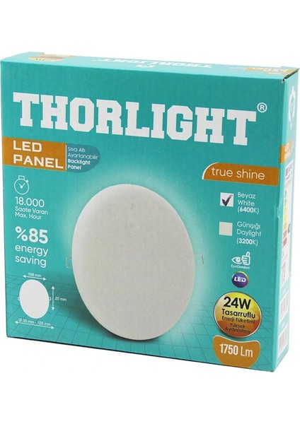 Thorlıght S-224 24W 16.8cm Beyaz LED Panel Sıva Altı Ayarlı Mandallı 6400K - 1750LM - 18000 Saat - 2835 Smd (5047)