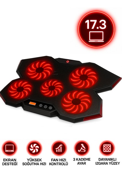 Gp5 E-Sport Desing 5 Fanlı Ledli LCD Kontrol Panelli Pro Standlı 15-17" Uyumlu Notebook Soğutucu