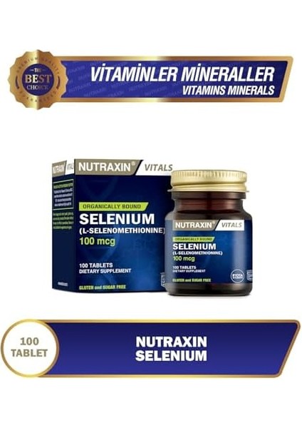 Nutraxin Vitals Selenium (L-Selenomethionine) 100 Mcg 100 Kapsül Takviye Edici Gıda