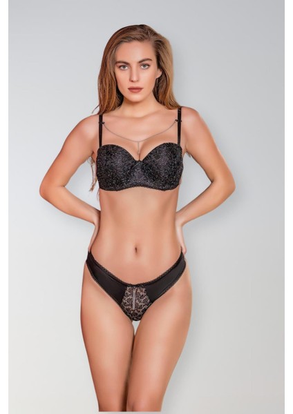Siyah Simli Straplez Lotus Sütyen Slip Külot Takım fiyatları