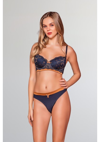 Lacivert Dantelli Yarı Destekli Sütyen Külot Takım
