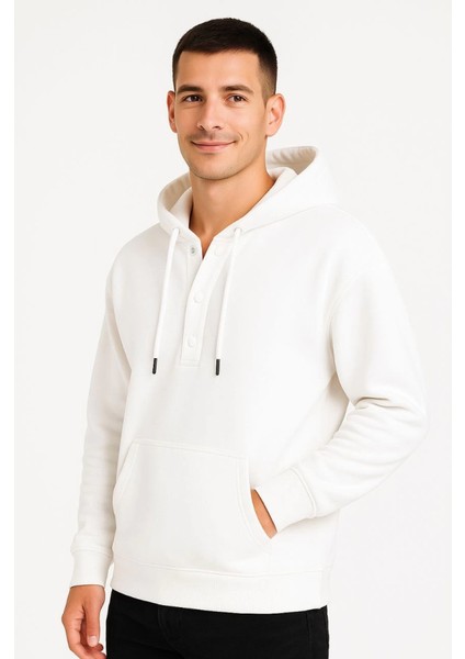 Erkek Ovarsize Kapüşonlu Swetshirt Kanguru Çepli Cıtcıtlı 3 Iplik Şardonlu Hoodie - Beyaz fırsatları