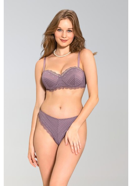 Mor Straplez Sütyen Slip Külot Takım