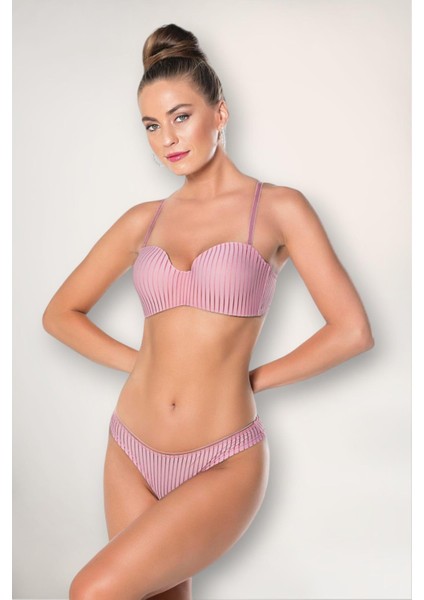 Straplez Pembe Lotus Sütyen ve Slip Külot Takım