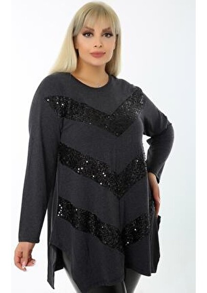 Kadın Uzun Kol Dökümlü Tunik Taş Detaylı Rahat Tasarım Hava Alan Kumaş