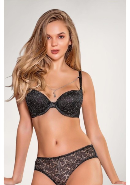 Simli Zincir Detaylı Siyah Sütyen ve Külot Takım