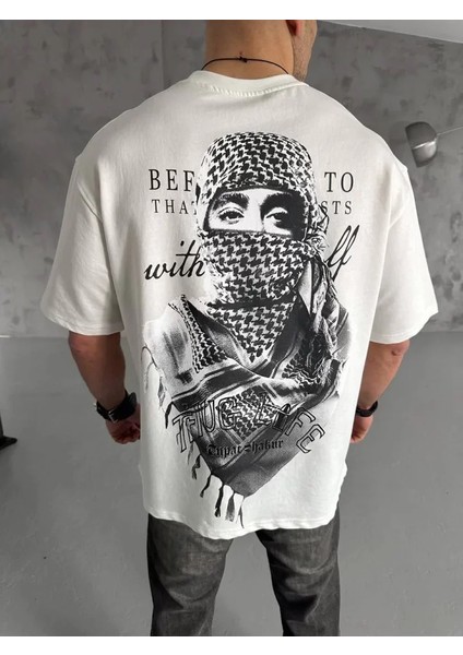 Unisex Baskılı Oversize T-Shirt - Beyaz