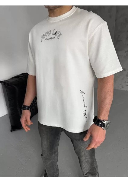 Unisex Baskılı Oversize T-Shirt - Beyaz modelleri