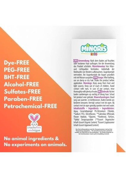 Minoris Kids Kolay Tarama Saç Spreyi – Organik, Vegan, Durulanmayan Saç Spreyi – Çocuklar Için Hassas Saç Açıcı, Dermatolojik Olarak Test Edilmiştir, 200ML