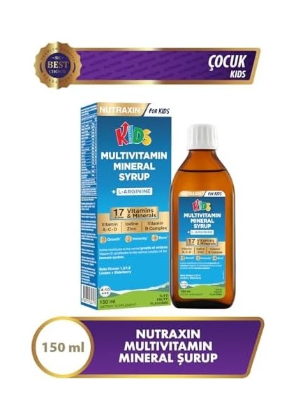 Nutraxin Kids Multivitamin Mineral Şurup 150 ml – 17 Vitamin ve Mineral, L-Arjinin, Kara Mürver, Beta Glukan, Çocuklar Için Bağışıklık ve Gelişim Desteği