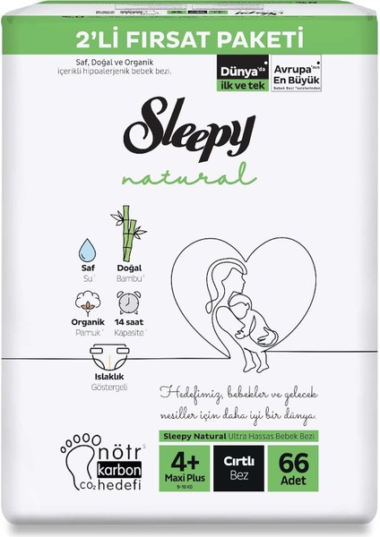 Sleepy Natural 2'li Fırsat Paketi Bebek Bezi 4+ Numara Maxi Plus 66 Adet