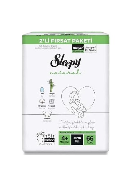 Sleepy Natural 2'li Fırsat Paketi Bebek Bezi 4+ Numara Maxi Plus 66 Adet fiyatları