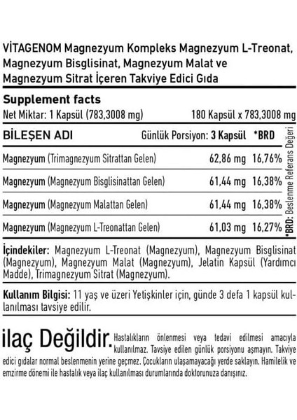 Vitagenom Magnezyum Kompleks 246,77 Mg 180 Kapsül