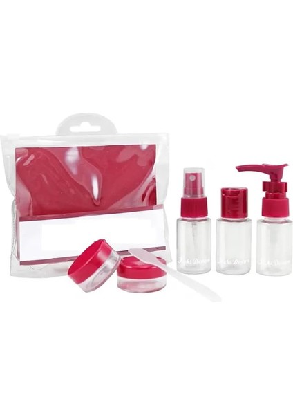 Seyahat Şişeleri Seti, 6 Parça, Sprey ve Pompalı Şişeler, Krem Kapları, Şeffaf Taşıma Çantalı, Uçak Bagajı Uyumlu, Kırmızı Spatulalı modelleri