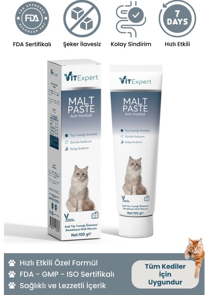Anti Hairball Malt Paste Tüm Kediler Için Tüy Yumağı Önleyici Sindirime Yardımcı Malt Macun 100 gr