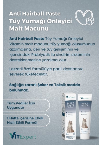 Anti Hairball Malt Paste Tüm Kediler Için Tüy Yumağı Önleyici Sindirime Yardımcı Malt Macun 100 gr fiyatları