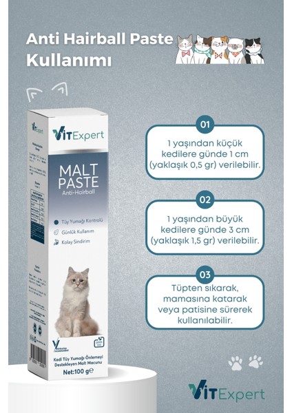 Anti Hairball Malt Paste Tüm Kediler Için Tüy Yumağı Önleyici Sindirime Yardımcı Malt Macun 100 gr indirimleri