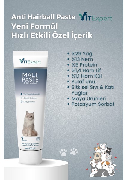 Anti Hairball Malt Paste Tüm Kediler Için Tüy Yumağı Önleyici Sindirime Yardımcı Malt Macun 100 gr