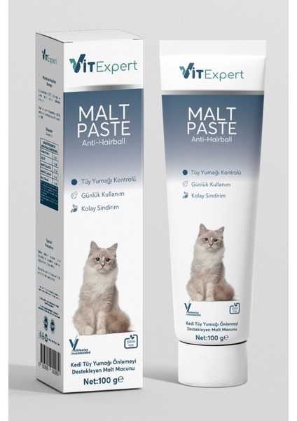 Anti Hairball Malt Paste Tüm Kediler Için Tüy Yumağı Önleyici Sindirime Yardımcı Malt Macun 100 gr
