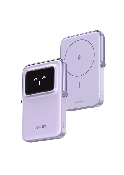 Ugreen Uno Kablosuz Güç Bankası 5000MAH Katlanabilir Standlı ve Tft Ekranlı Manyetik Güç Bankası, 20W Usb-C Hızlı Şarj, 12-15 Serisi ile Uyumlu 7,5W Magsafe (Mor)