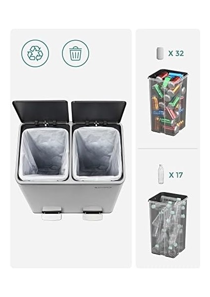 2 Bölmeli Atık Ayırma Sistemli Pedallı Çöp Kovası, Atık Kovası, Mutfak Için, 2 x 24 L, Yumuşak Kapanmalı, Plastik Iç Kova, Pedallı ve Kulplu, Gümüş Rengi, LTB48NL modelleri