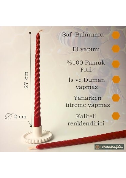 (2 Adet 27.5cm) Mum Konik Şamdan Mumu Petek Mum Dekoratif Kırılmaz Damlamaz Mum Beeswax Candle (Kırmızı) fiyatları