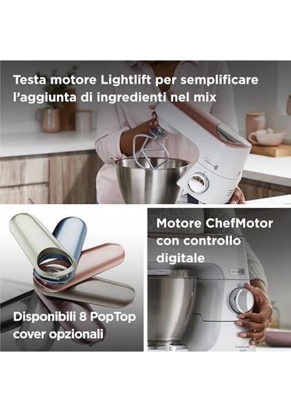 Titanium Chef, Tartılı KVC65.001WH - Mikser, Hamur Yoğurma Makinesi, 1200 Watt Güçlü Motor, 5 Lt Hazne, 3 Hazne Içi Aparat, Sıçrama Önleyici, Değiştirilebilir Renkli Kapak modelleri