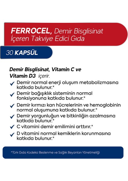 Ferrocel 30 Kapsül Demir Vitamin C ve D3 İçeren Takviye Edici Gıda 600 mg fiyatları