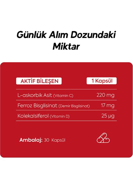 Ferrocel 30 Kapsül Demir Vitamin C ve D3 İçeren Takviye Edici Gıda 600 mg indirimleri