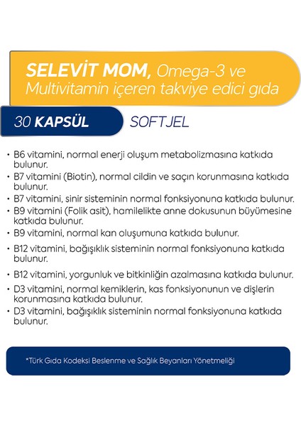 Selevit Mom 30 Kapsül Omega-3, Multivitamin ve Multimineral İçeren Takviye Edici Gıda fiyatları